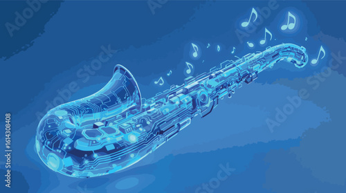 Futuristic electronic saxophone with musical notes concept representing technological innovation and sound.