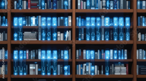 Futuristic library bookshelves with glowing digital data and technological information display.
