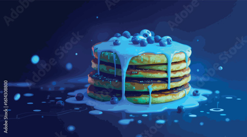 Stack of pancakes drizzled with blueberry syrup and fresh blueberries in a blue hue.