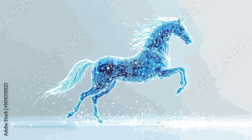 Stunning blue horse running illustrative graphic depicting strength and technological advancements.
