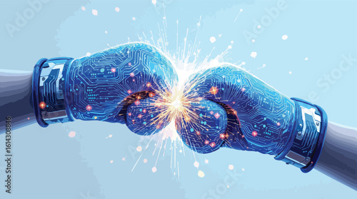 Two futuristic boxing gloves clashing depicting digital technology and powerful connection.