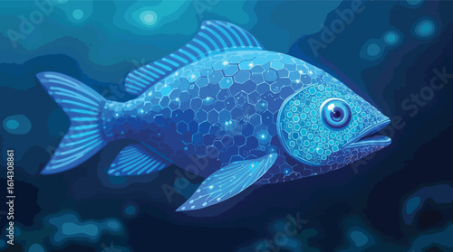 Unique digital illustration of a beautiful blue fish swimming underwater with hexagonal scales.