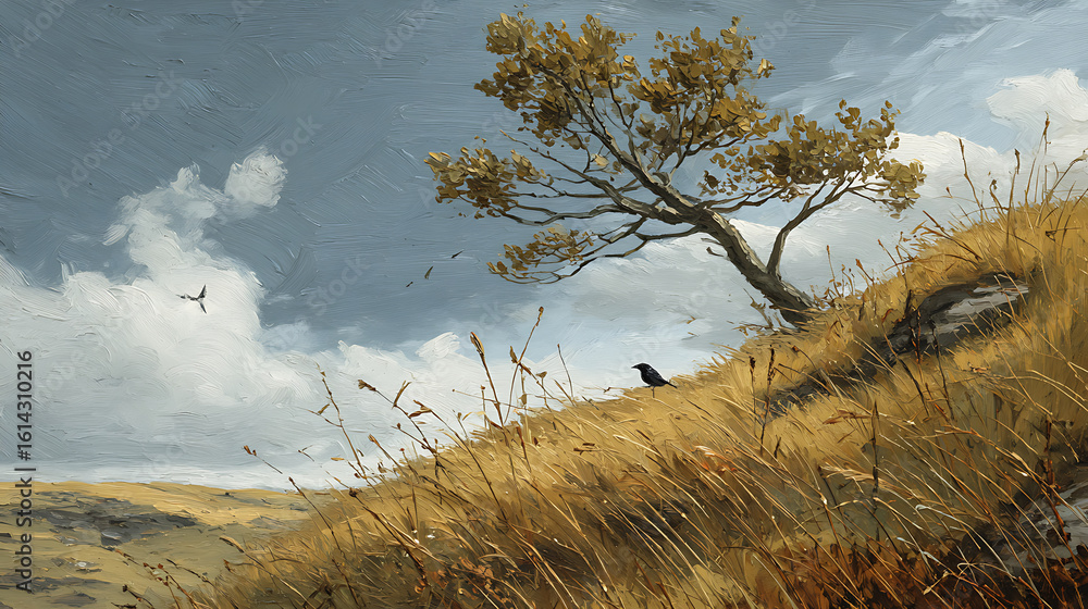 Obraz premium Golden Hillside Landscape with Solitary Tree Under a Cloudy Sky and a Black Bird