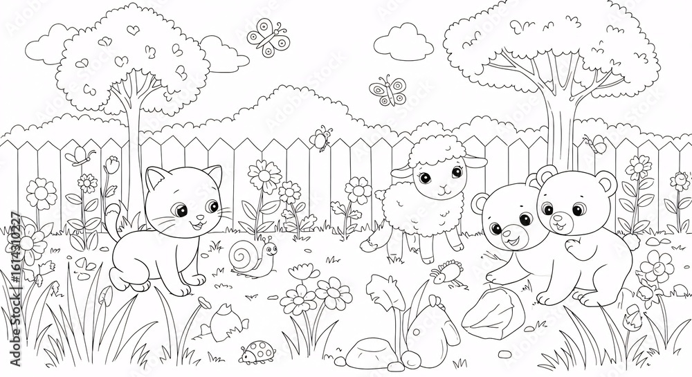 Obraz premium Cute Animals in a Garden Coloring Page