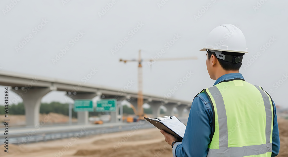 Fototapeta premium Construction site engineer reviewing a highway overpass project.