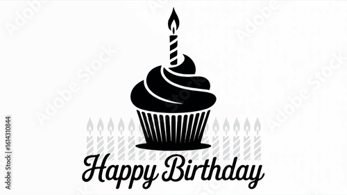 Minimalist black and white silhouette of a birthday cupcake with a single lit candle