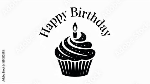 Black and white silhouette illustration of a birthday cupcake with a single lit candle