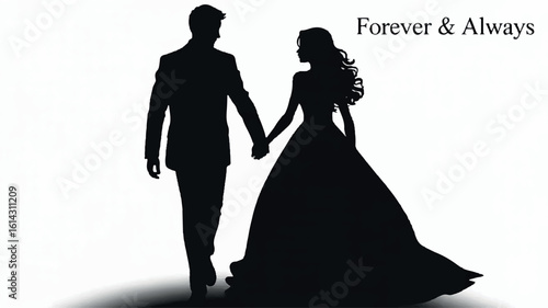 Black and white silhouette of a couple holding hands and walking together