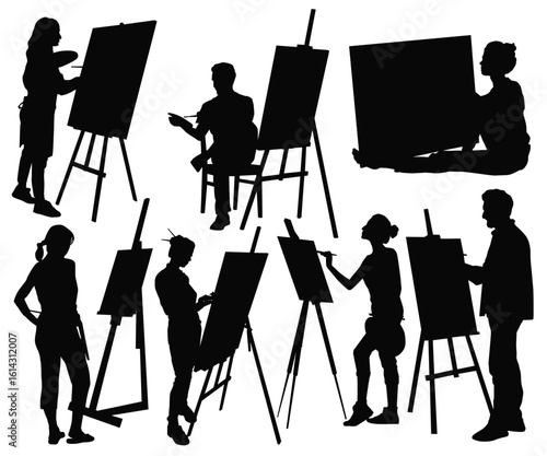 Drawing Artist Silhouette vector illustration. Silhouette of a painter creating art on a canvas. Silhouette of a woman painting on a canvas with a brush and a man holding a paint brush and easel. 