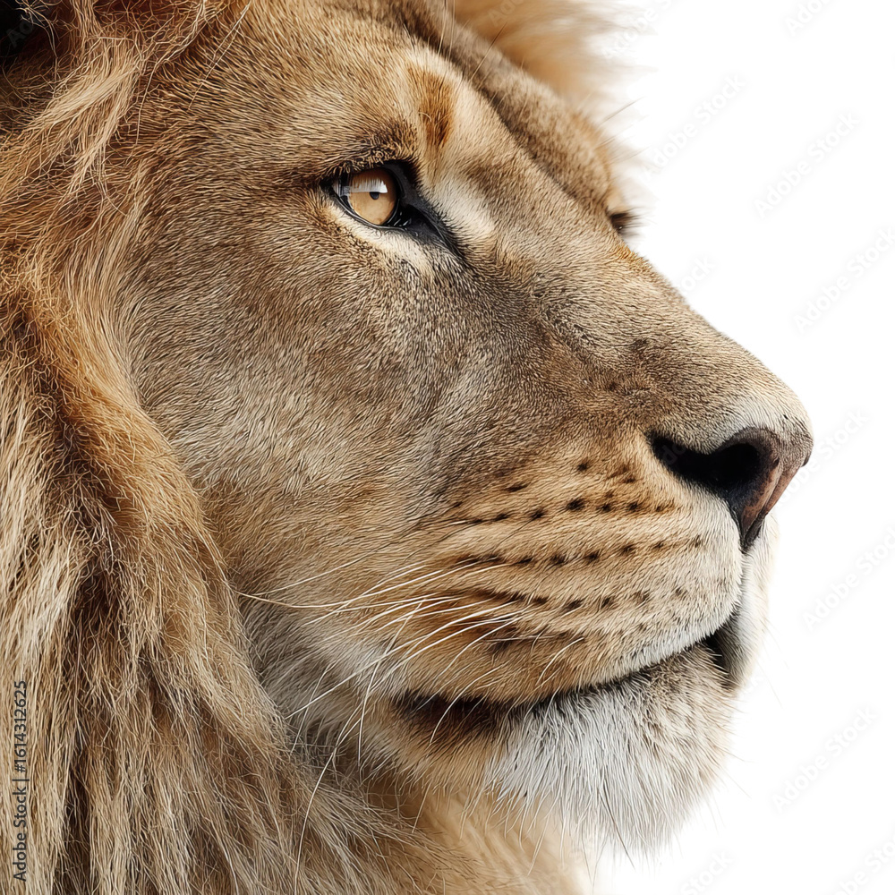 Fototapeta premium Png of A majestic lion gazes stoically into the distance, showcasing its powerful presence and intricate mane details.