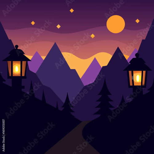 Enchanting mountain landscape with glowing lanterns at dusk