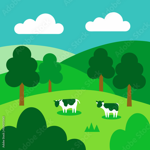 Two cows grazing in a green rolling landscape under a blue sky