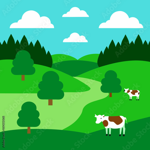 Peaceful countryside landscape with grazing cows and rolling hills