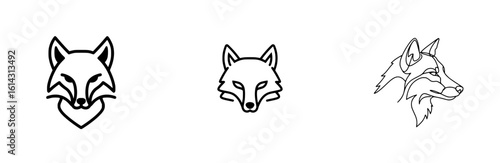 Line art fox head icons represent clever wildlife animals in diverse styles.