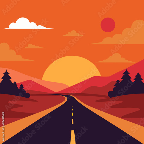 Scenic road leading towards a vibrant sunset over rolling hills