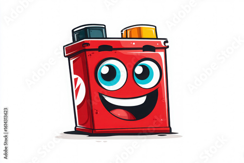 A cartoon-style car battery with a bold face and bright expression, ideal for automotive branding, posters, or motion graphics.  Copy, text space