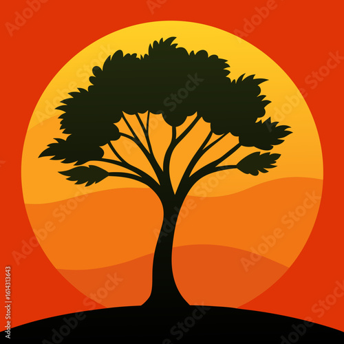 Silhouette of an acacia tree against a vibrant african sunset