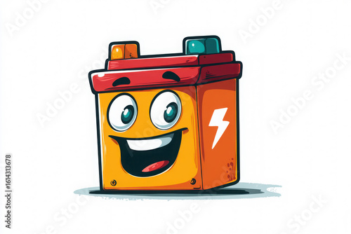 A cartoon-style car battery with a bold face and bright expression, ideal for automotive branding, posters, or motion graphics.  Copy, text space