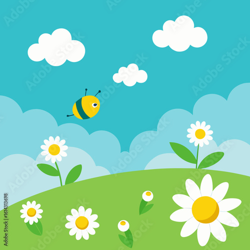 Cute cartoon bee flying over a field of daisies under a blue sky
