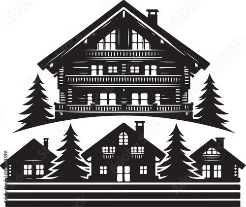 Black silhouette alpine chalets evergreen trees mountain homes wooden houses vector
