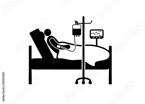 Vector icon of an ICU hospital bed with a patient lying down. Medical illustration used in healthcare design, emergency care infographics, and hospital-related content.