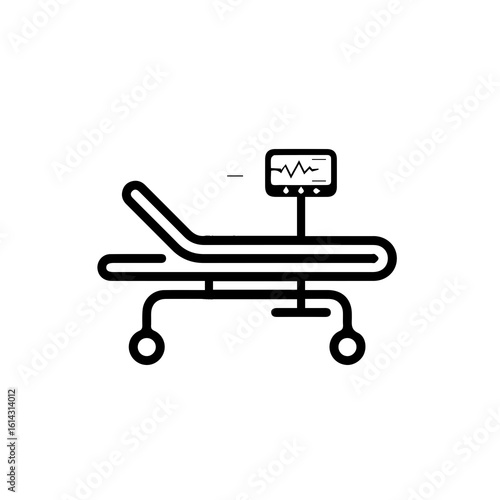A sleek and professional vector illustration of a state-of-the-art ICU (Intensive Care Unit) hospital bed, unoccupied, styled with crisp lines and a muted color scheme to evoke cleanliness, precision,