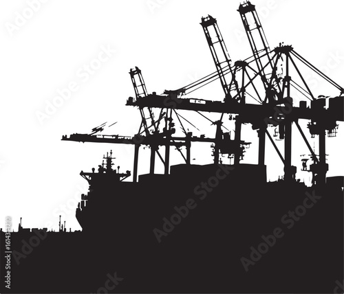 Industrial cranes loading cargo ship silhouette port vector