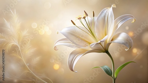 A Single Elegant White Lily Blossom Against a Soft, Golden Bokeh Background, Enhanced with Delicate, Airy Plant Accents