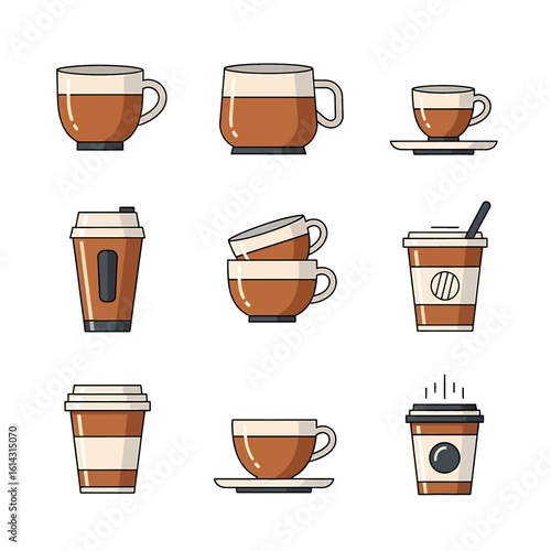 A collection of nine different coffee cup and mug icons illustrated in a modern flat line art style.