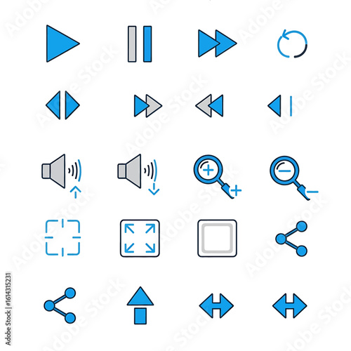Collection of simple blue and gray media player interface icons.