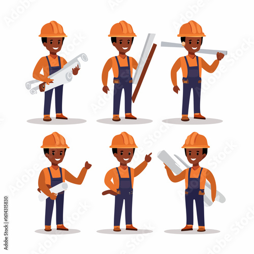 Construction Worker Character Set Front, Side, and Rear Views with Tools and Blueprints