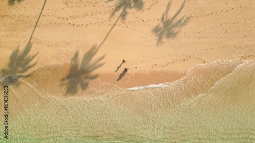 Top down drone shot above two womans walking on a Beach