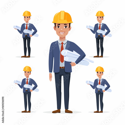 Civil engineer character asset in a hard hat holding architectural drawings. A vector illustration set of a professional builder in various poses.
