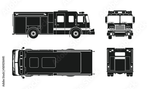Detailed Black Silhouette Illustrations of Modern Fire Engine: Side, Front, Top Views