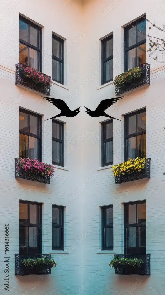 Fototapeta premium Architectural symmetry with window boxes, urban tranquility, and abstract birds