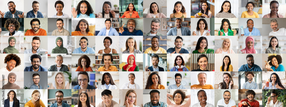 Fototapeta premium A lively collection of happy faces from various ethnic backgrounds, each representing their unique cultures. This cheerful collage celebrates unity and diversity, capturing joy in everyday moments.