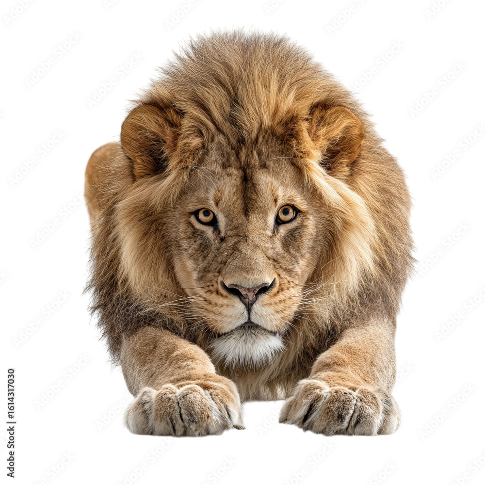 Obraz premium Png of Majestic male lion prowling gracefully with intense gaze, showcasing powerful muscles and magnificent mane.