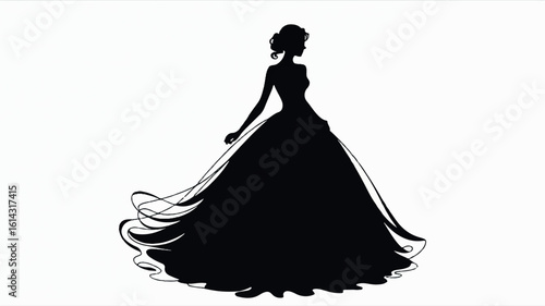 Elegant black silhouette of a woman in a flowing ball gown on a clean white background