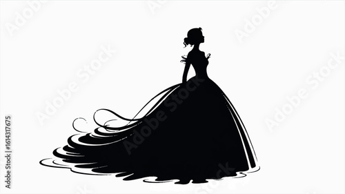 Elegant black silhouette of a woman in a flowing ball gown on a clean white background