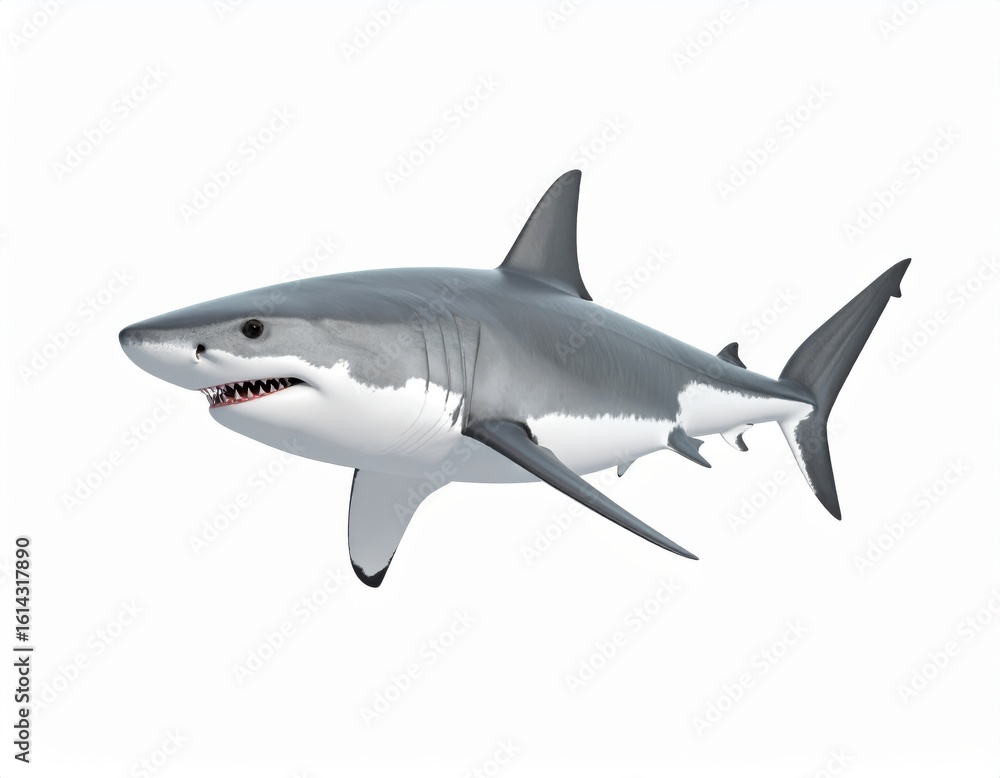 Naklejka premium Majestic great white shark, a formidable ocean predator depicted on white background