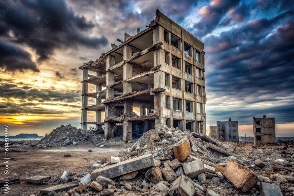 Fototapeta premium Ruined Concrete Structure at Sunset A Post-Apocalyptic Scene of Dereliction and Decay