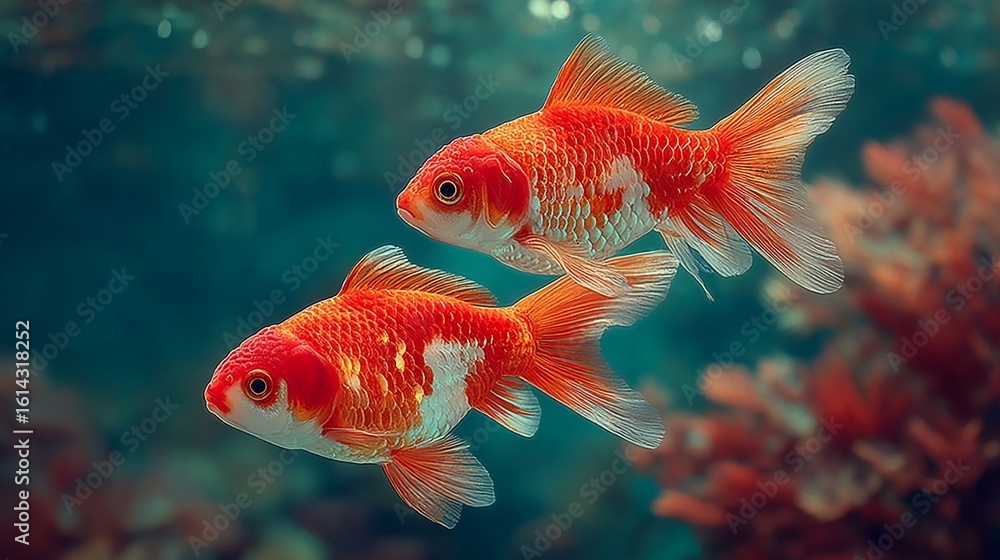 Fototapeta premium Goldfish Swimming in Beautiful Tank/美しい水槽で泳ぐ金魚4