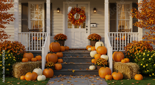 A charming autumn scene featuring a porch decorated with pumpkins, wreaths, and fall foliage.