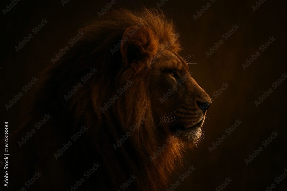 Fototapeta premium Majestic Lion Side Profile Portrait with Golden Rim Light in Cinematic Style