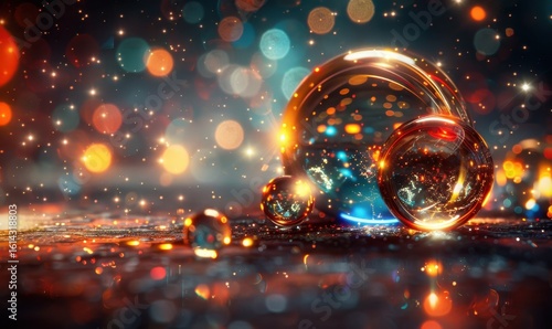 Abstract spheres with colorful bokeh background and light reflection
