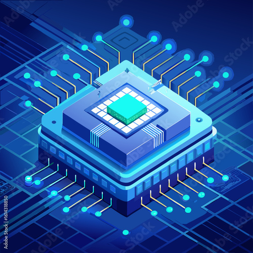 Advanced microprocessor and futuristic circuit board with glowing blue connections