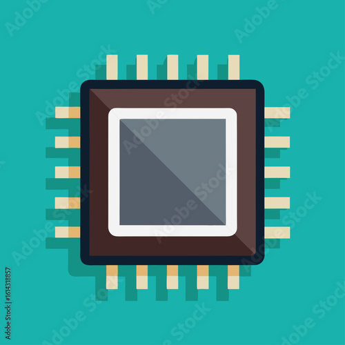 Stylized flat design illustration of a computer microprocessor chip with pins