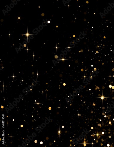 Golden glitter particles on black background