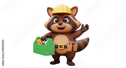 Cartoon raccoon character holding toolbox
