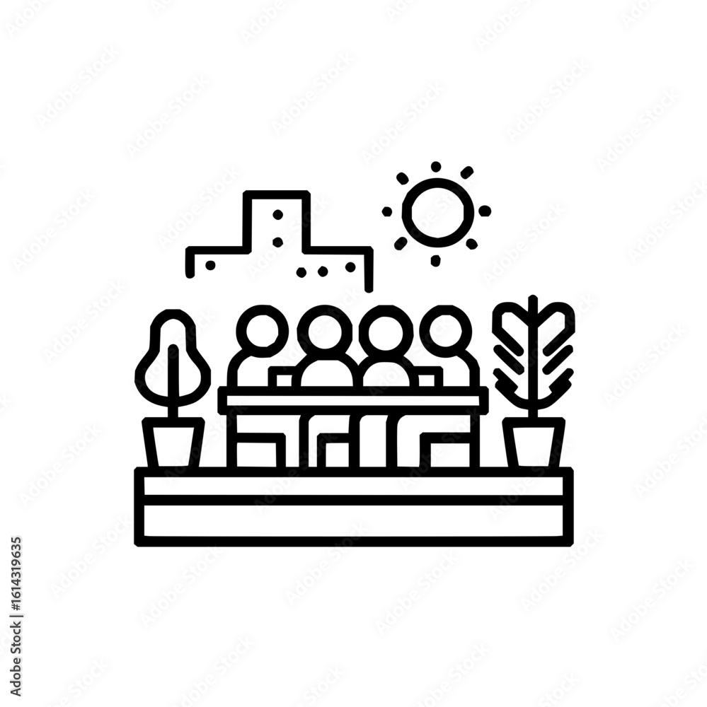 Naklejka premium Illustration of people sitting at a table with plants, city skyline, and sun in the background scenery